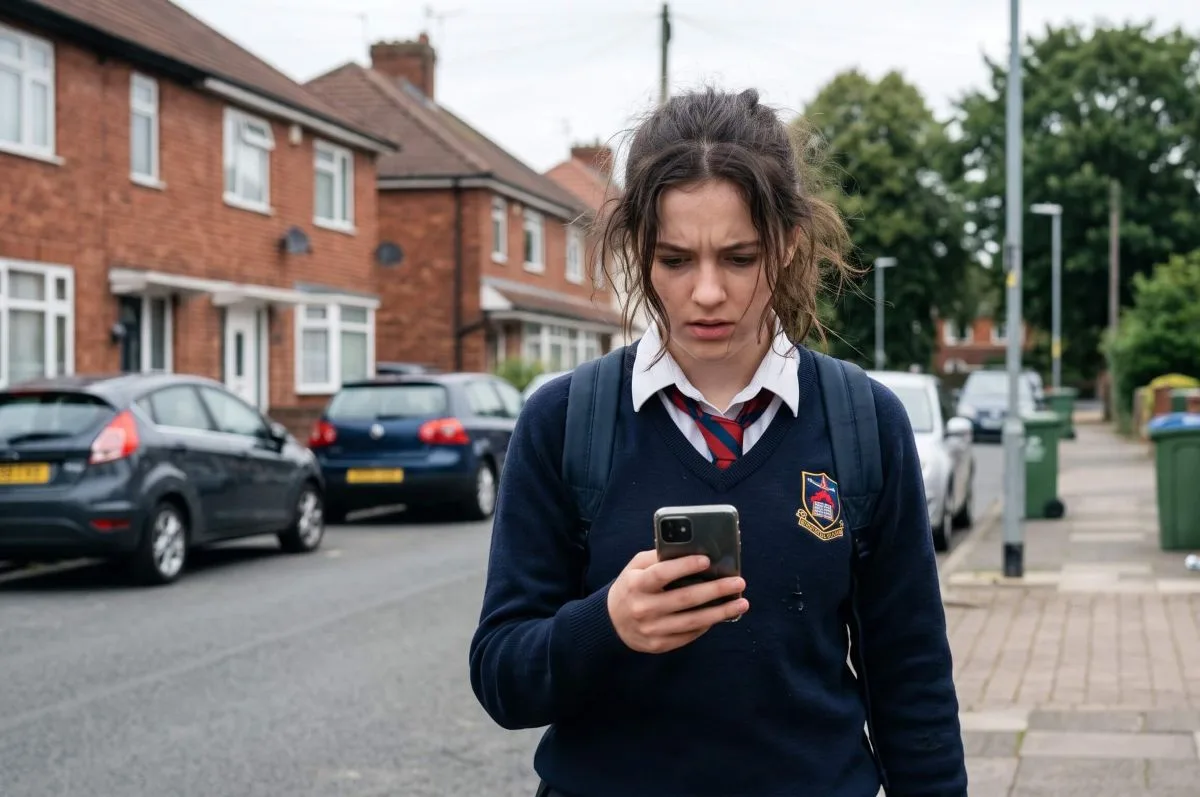 A worried school pupil in uniform looking at their phone on a residential street